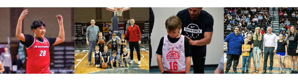 Images of youth basketball players participating in Court of Dreams and Skyforce fan fest event as well as the photo of youth coaches of the year.
