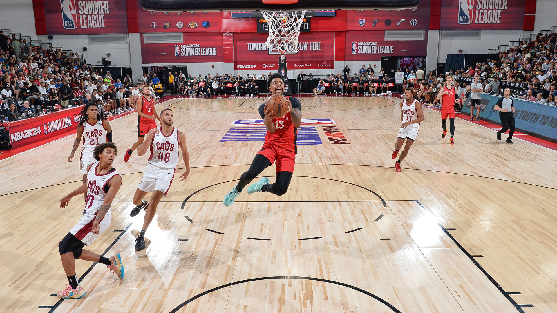 LAS VEGAS, NV - JULY 9: David Johnson #13 of the Toronto Raptors goes to the basket during the game during the 2023 NBA Las Vegas Summer League on July 9, 2023 at the The Cox Pavillion in Las Vegas, Nevada. (Photo by David Dow/NBAE via Getty Images)