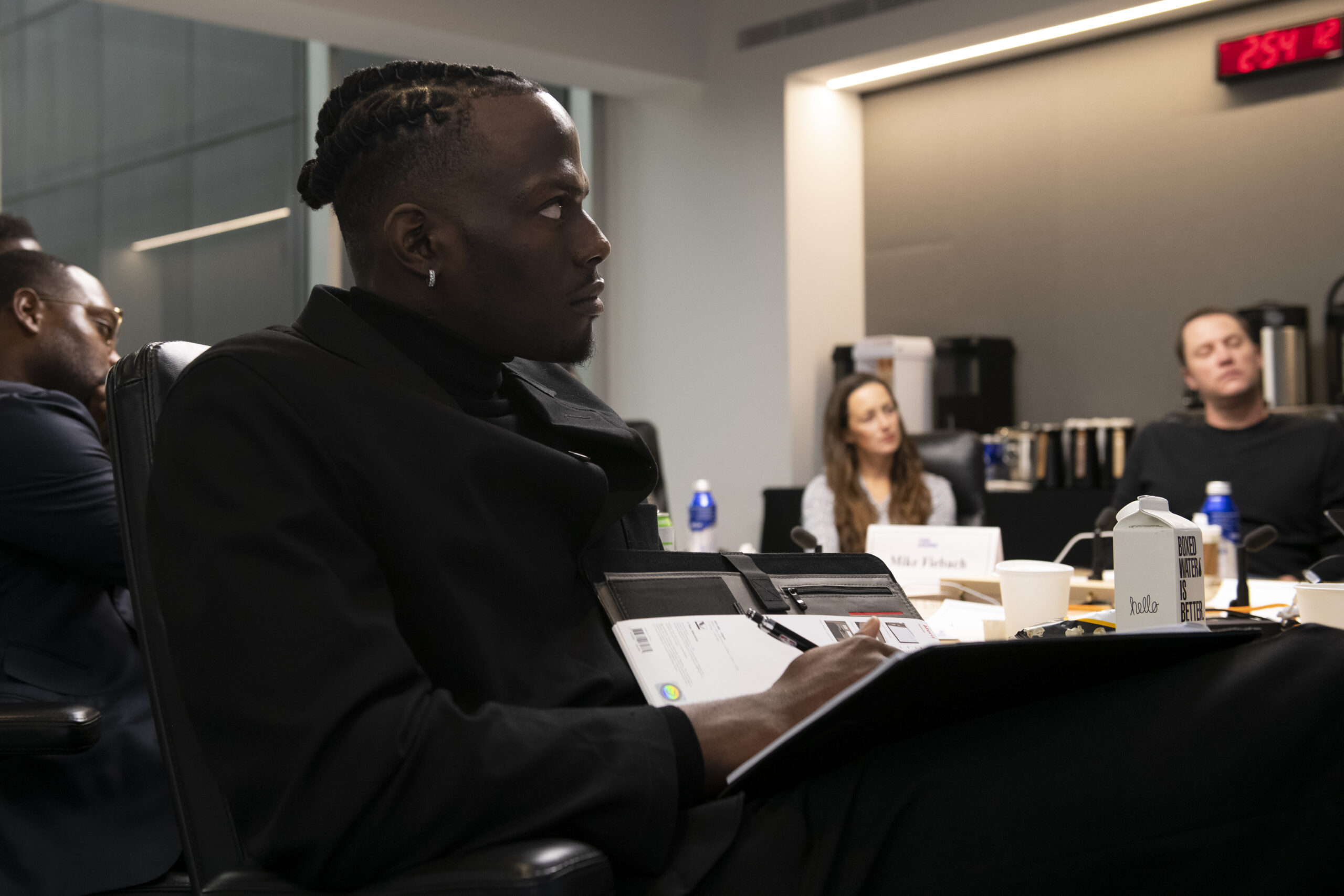 NEW YORK, NY - OCTOBER 13: Norense Odiase of the Greensboro Swarm listens during the Business Mentorship Program presentations. (Photo by Kostas Lymperopoulos/NBAE via Getty Images)